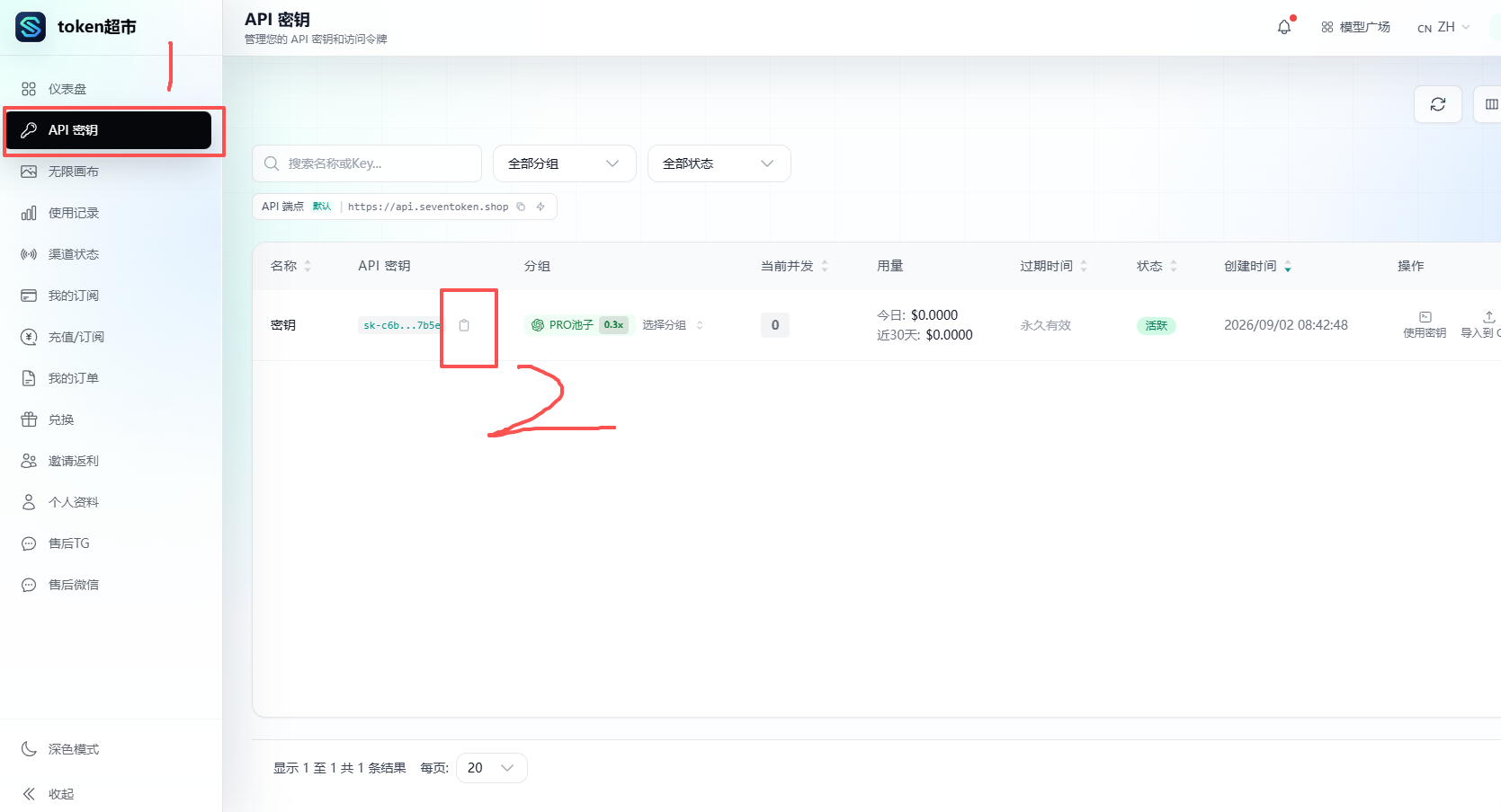 Token 超市 API Key 获取位置示例